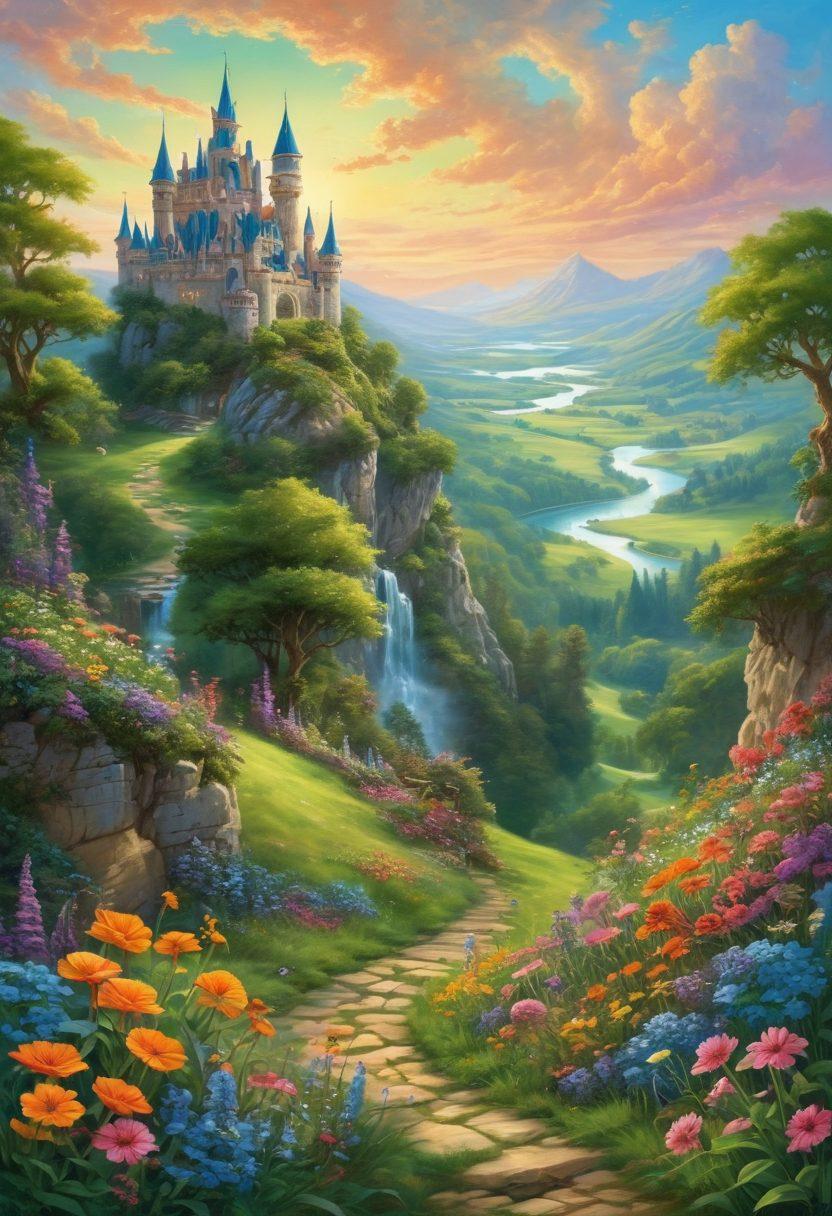 A whimsical landscape inspired by fantasy realms featuring lush green hills, vibrant flowers, and enchanting castles in the distance. Incorporate ethereal creatures like fairies and mythical beings interacting joyfully amidst the scenery, conveying a sense of elation and imagination. Use bright, vivid colors to evoke a magical atmosphere that captures the essence of Erikson's novels. fantasy art. vibrant colors. whimsical style.