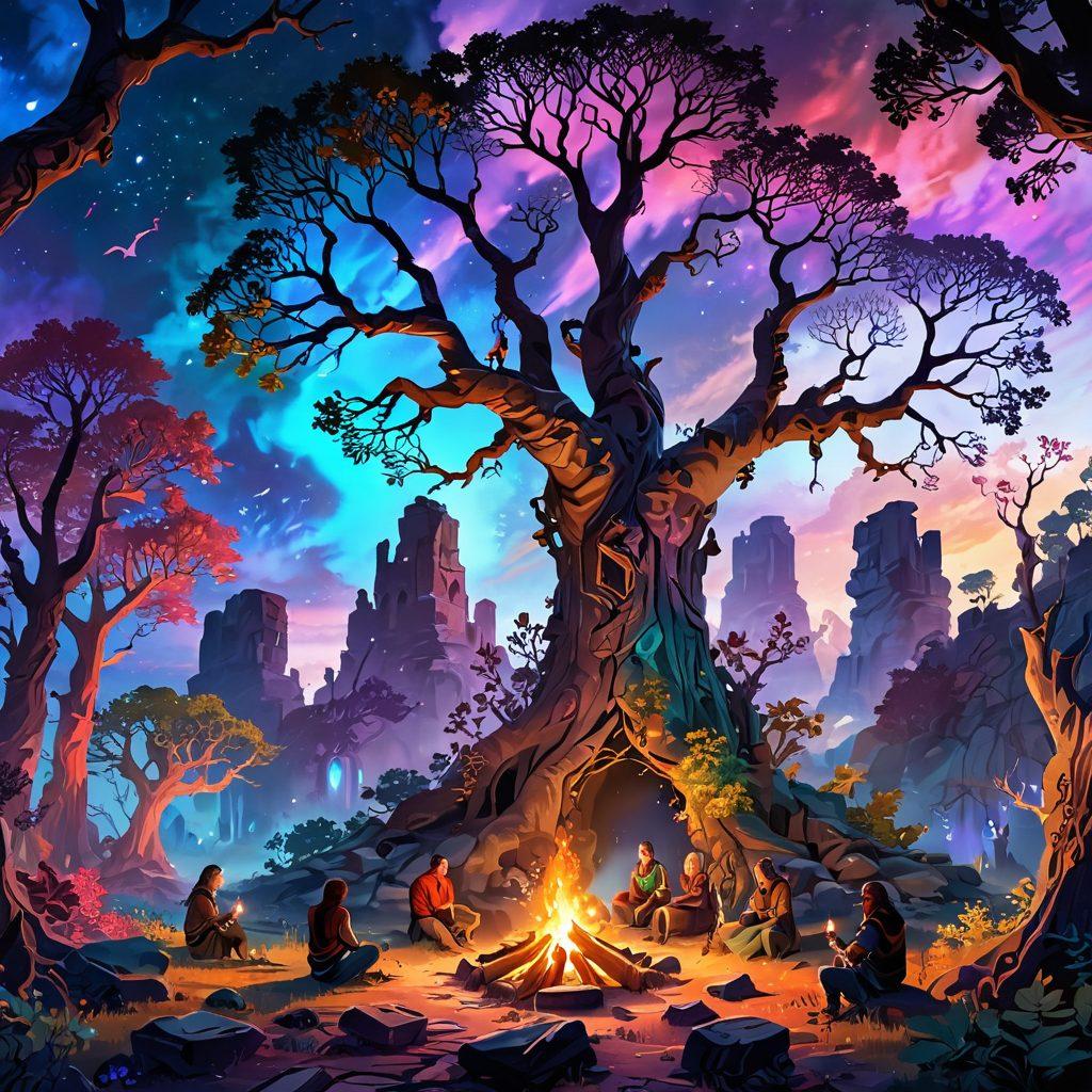A mystical, sprawling fantasy landscape featuring ethereal ruins and towering ancient trees. Inhabitants of a vibrant, magical world can be seen engaging in storytelling around a glowing campfire, with fantastical creatures peeking through the foliage. The sky transitions through a spectrum of colors, enhancing the enchanting atmosphere. whimsical art style. vibrant colors. 3D.