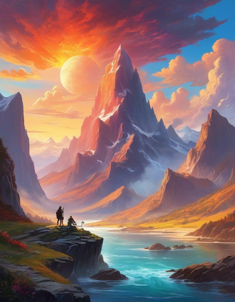 A whimsical landscape filled with fantastical elements representing the epic narratives in Steven Erikson's literature, including towering mountains, vast oceans, and mythical creatures. The scene features a diverse group of adventurers joyfully traversing through this vibrant world, each with unique attributes symbolizing different characters from Erikson's works. The sky is filled with vibrant colors, showcasing a magical sunset, and the atmosphere is filled with a sense of wonder and exploration. fantasy art. vibrant colors. mystical atmosphere.